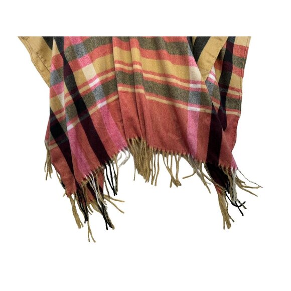 Woolrich Womens One Size Striped Poncho With Fringe Tan Red Black - Picture 8 of 9